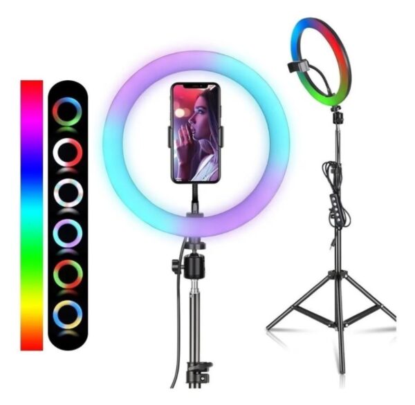 Aro De Luz Multicolor RGB 33cm Soporte Celular Y Tripode 2m