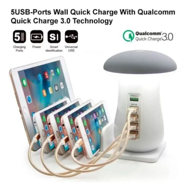 Estación De Carga 5 Puertos Y Lampara Hub Multi-Puerto Usb