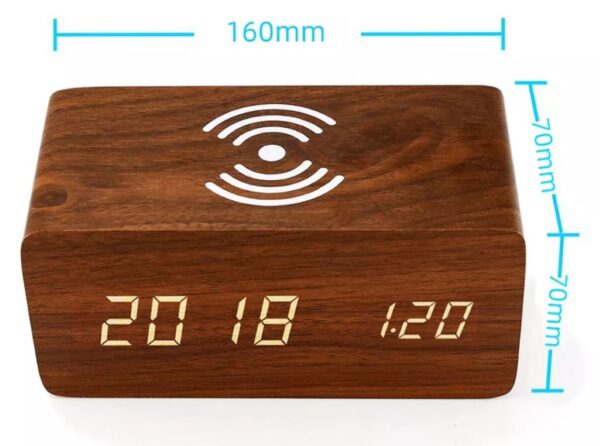 Reloj Despertador Digital Con Cargador Inalambrico Led Madera - Imagen 2