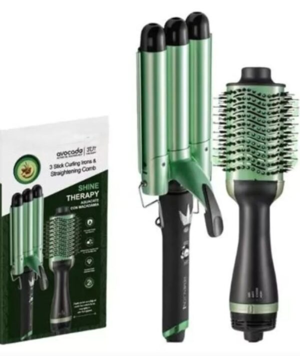 Combo Cepillo Secador Para Cabello Y Pinza Rizadora 3 Tubos Lemman Aguacate - Imagen 2