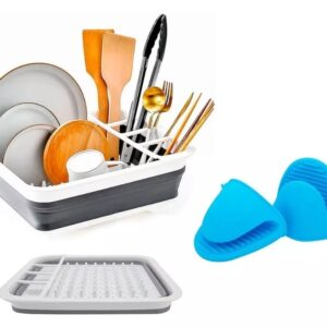 Combo Escurridor De Platos Plegable Mas 2 Guantes Coge Ollas Silicona