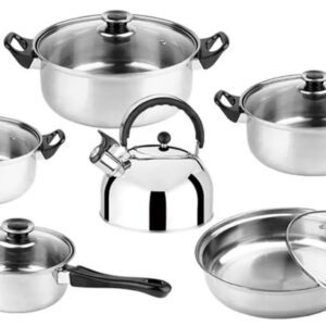 Juego De Ollas Y Sartenes 12 Piezas En Acero Con Tapa De Vidrio y Tetera