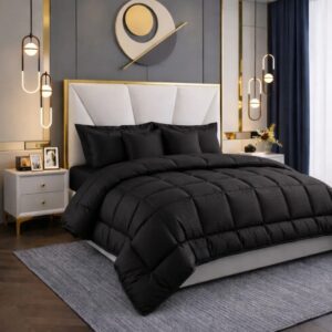 Edredón Tipo Plumón Cama Doble Negro Con Dos Fundas Y Cojines