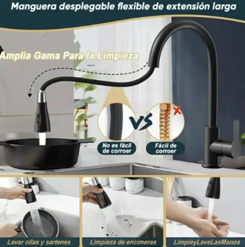 Grifería Llave Lavaplatos Extensible Monomando Acero Inoxidable Negro Mate - Imagen 4