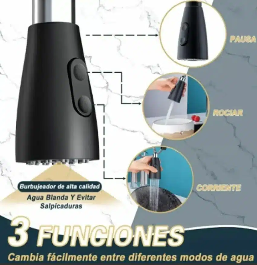 Grifería Llave Lavaplatos Extensible Monomando Acero Inoxidable Negro Mate - Imagen 3