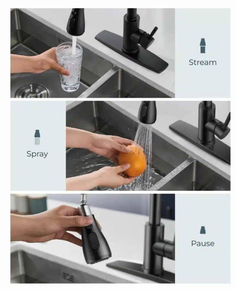 Grifería Llave Lavaplatos Extensible Monomando Acero Inoxidable Negro Mate Con Manija Tipo Bastón - Imagen 3