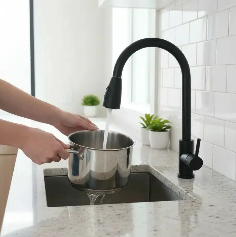 Grifería Llave Lavaplatos Extensible Monomando Acero Inoxidable Negro Mate Con Manija Tipo Bastón - Imagen 2