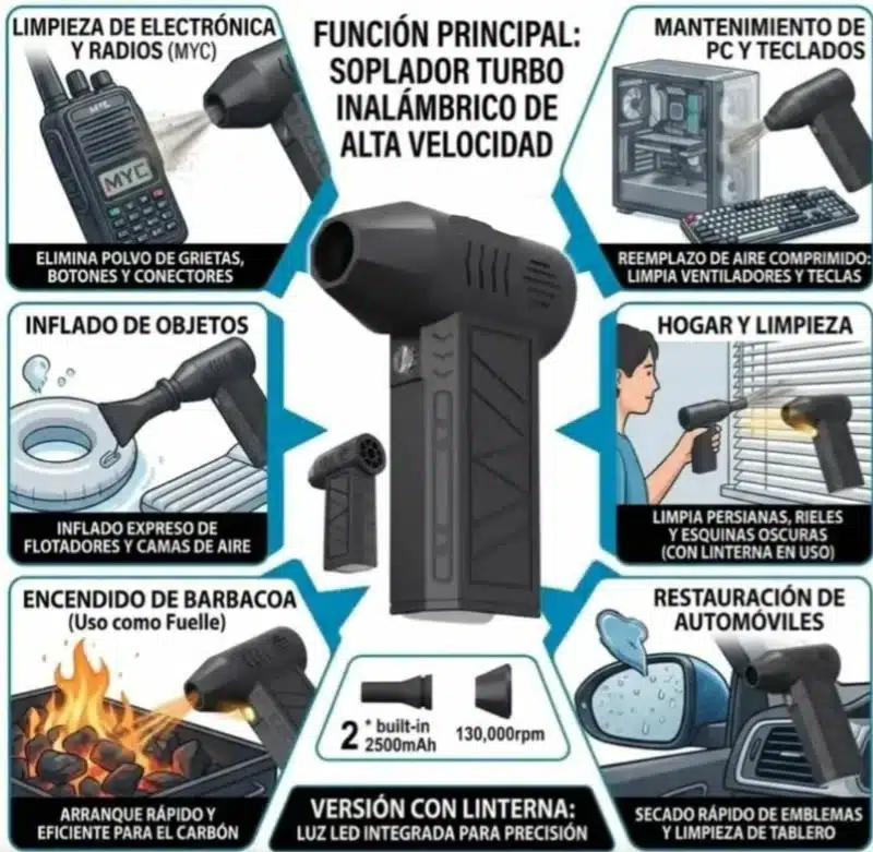 Soplador Aire Portátil Mini Jet Turbo Con Luz Led Recargable - Imagen 2