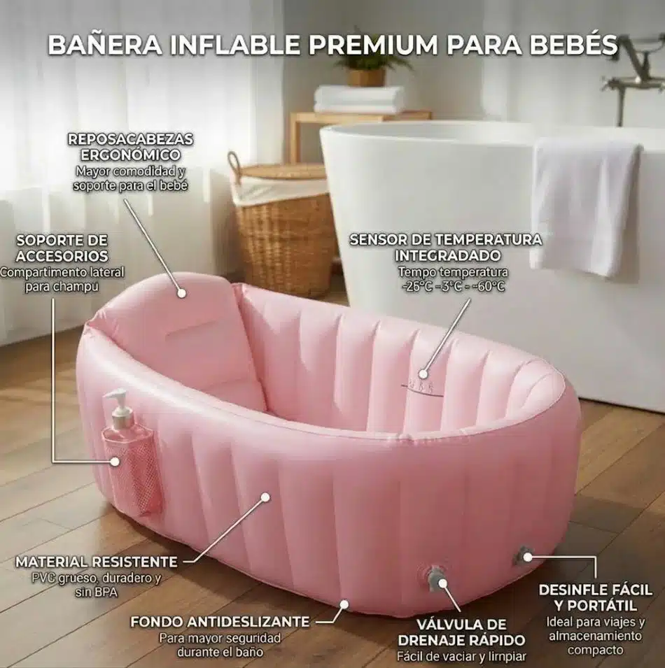 Bañera Tina Inflable Portatil Para Bebés Rosa - Imagen 2