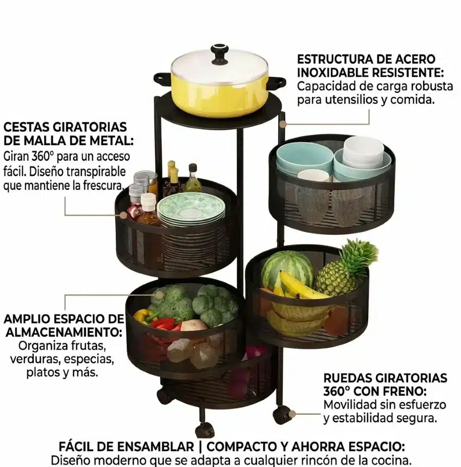 Organizador Giratorio Con Ruedas Multifuncional 5 Niveles - Imagen 2