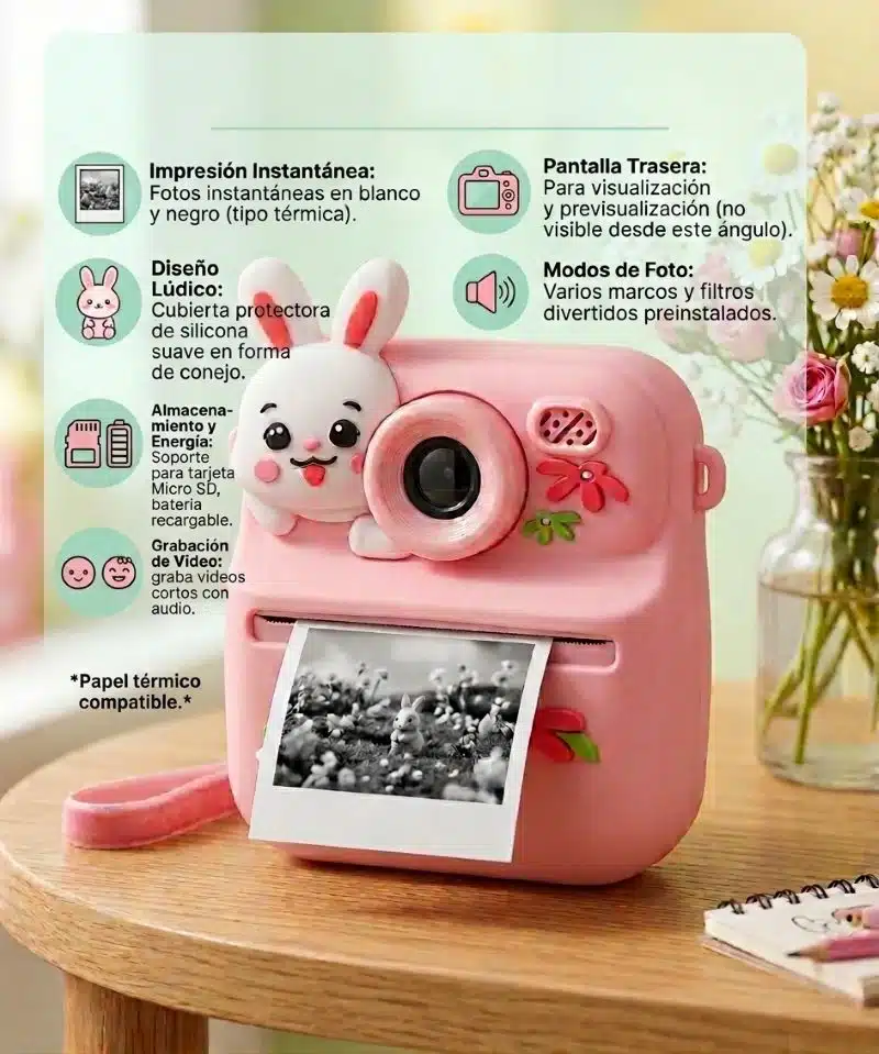 Cámara De Impresión Instantánea Para Niños Conejo Rosa - Imagen 2