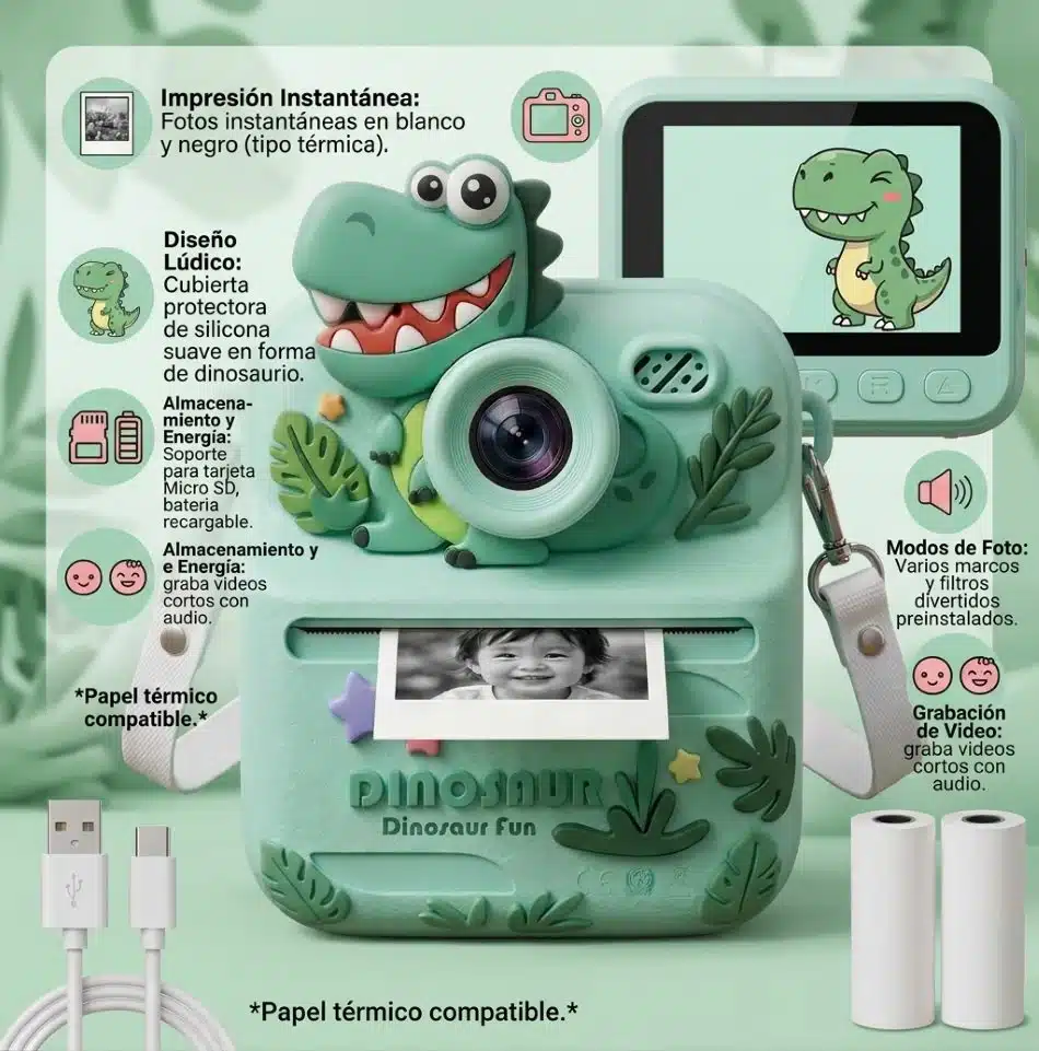 Cámara De Impresión Instantánea Para Niños Dinosaurio Verde - Imagen 2