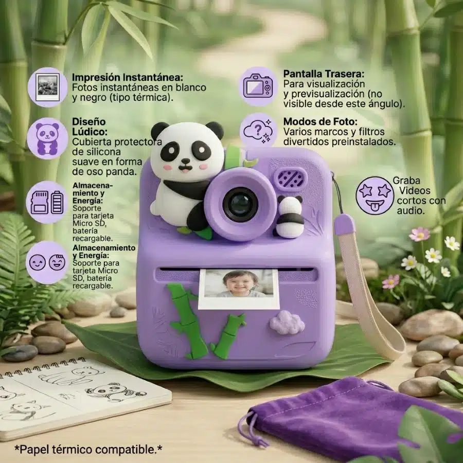 Cámara De Impresión Instantánea Para Niños Oso Morado - Imagen 2