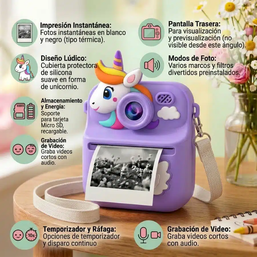 Cámara De Impresión Instantánea Para Niños Unicornio Morado - Imagen 3