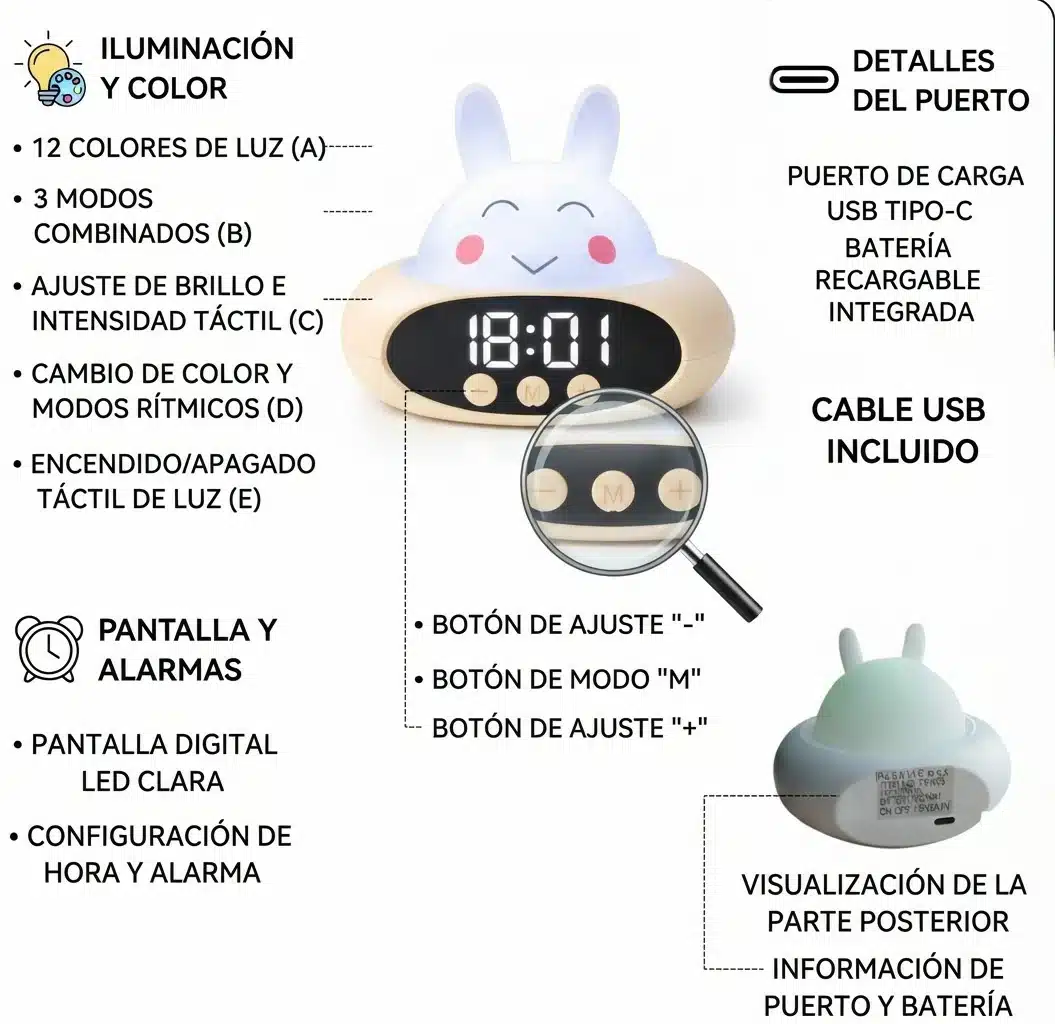 Reloj Despertador Conejo Infantil Recargable Multicolor Led - Imagen 3