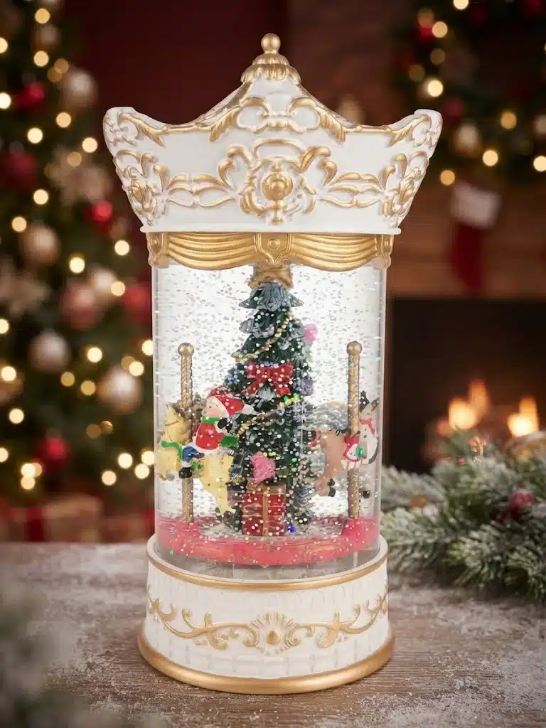 Lampara Navideña Diseño Farol Estilo Carrusel Nieve Luz Y Sonido Blanca - Imagen 2