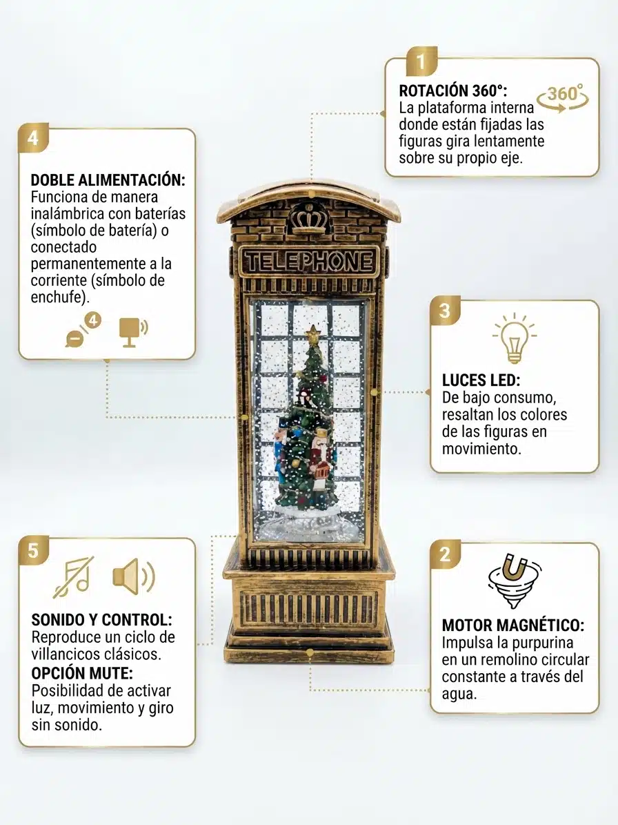 Lampara Navideña Diseño Cabina Telefónica Nieve Luz Y Sonido Dorada - Imagen 3