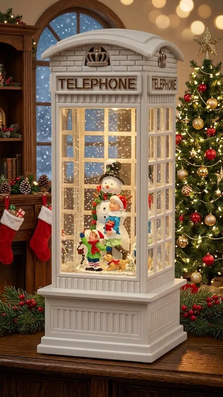 Lampara Navideña Diseño Cabina Telefónica Nieve Luz Y Sonido Blanca - Imagen 5