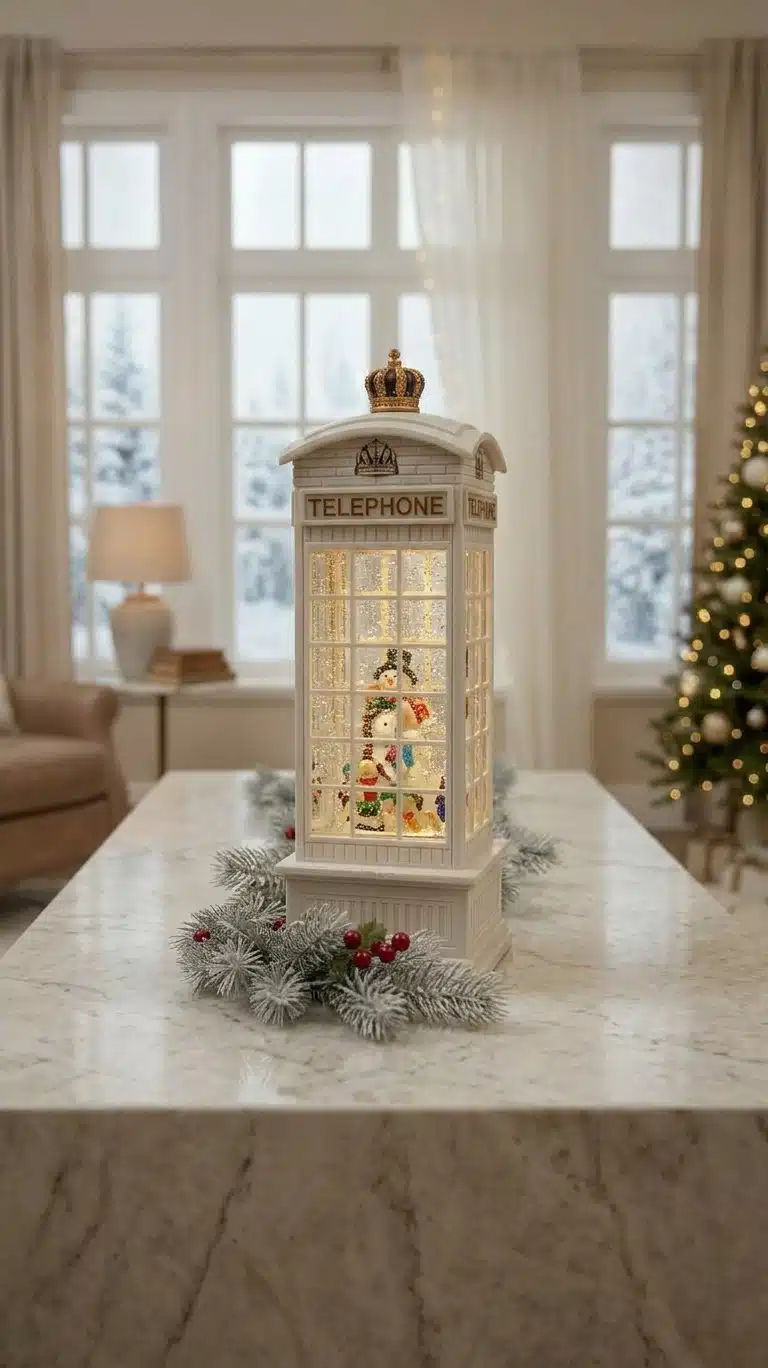 Lampara Navideña Diseño Cabina Telefónica Nieve Luz Y Sonido Blanca - Imagen 4