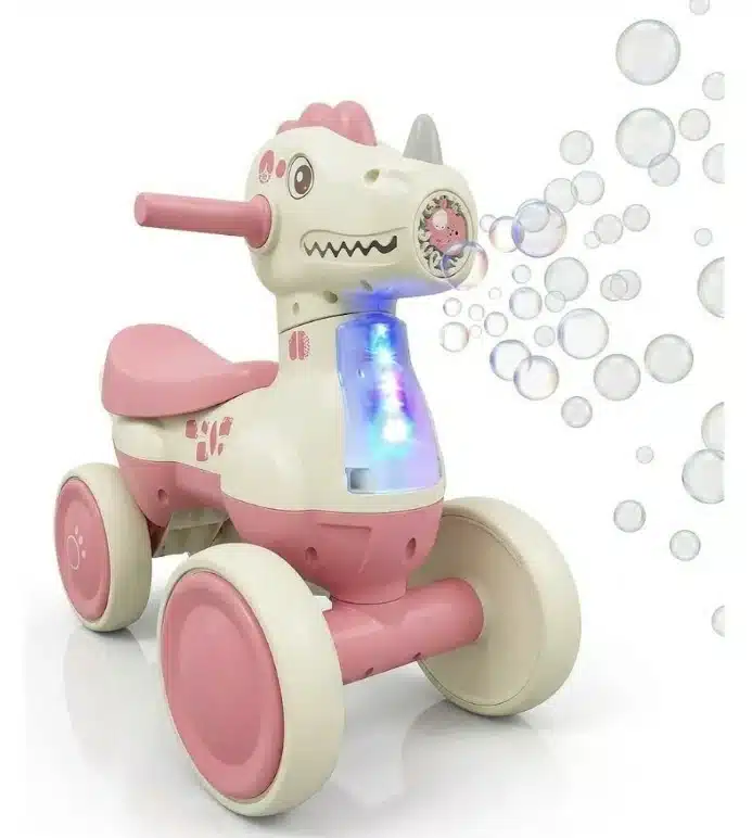 Triciclo Musical Con Burbujero Para Niños En Forma De Dino Rosa - Imagen 4