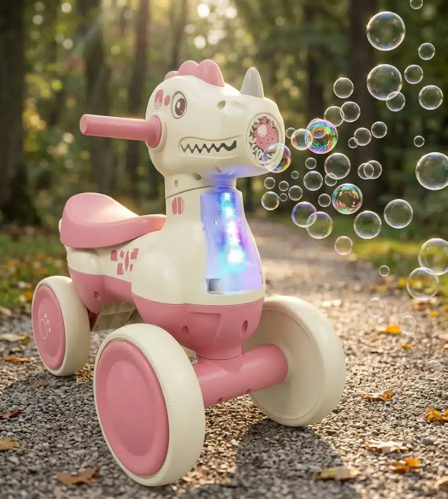 Triciclo Musical Con Burbujero Para Niños En Forma De Dino Rosa - Imagen 3