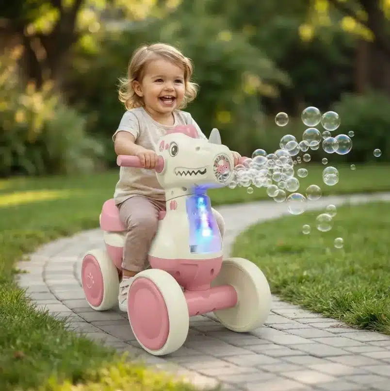 Triciclo Musical Con Burbujero Para Niños En Forma De Dino Rosa - Imagen 2