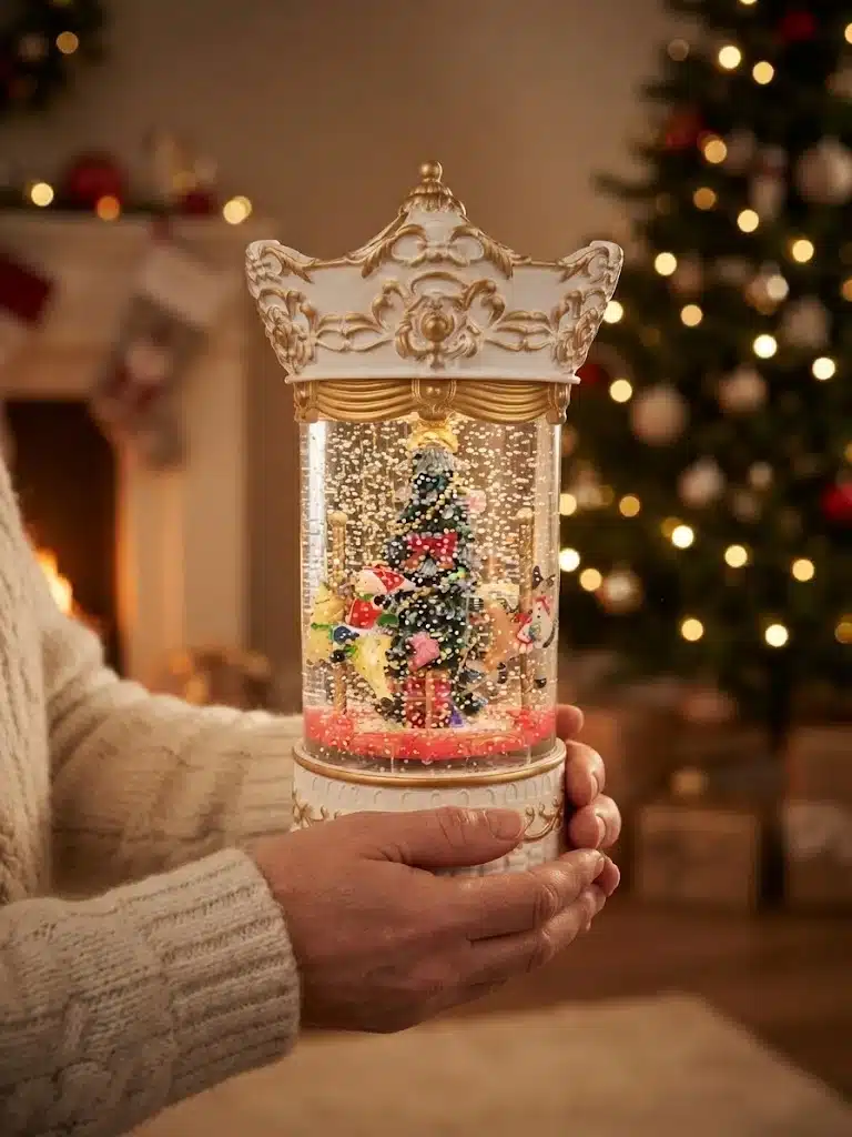 Lampara Navideña Diseño Farol Estilo Carrusel Nieve Luz Y Sonido Blanca - Imagen 3