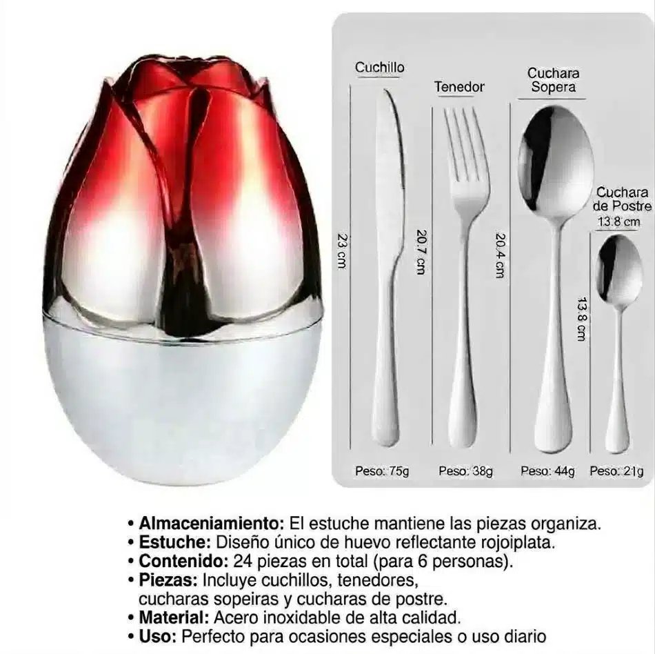 Juego De Cubiertos 24pcs Acero Inoxidable Estuche Huevo Rosa Plateado Con Rojo - Imagen 2