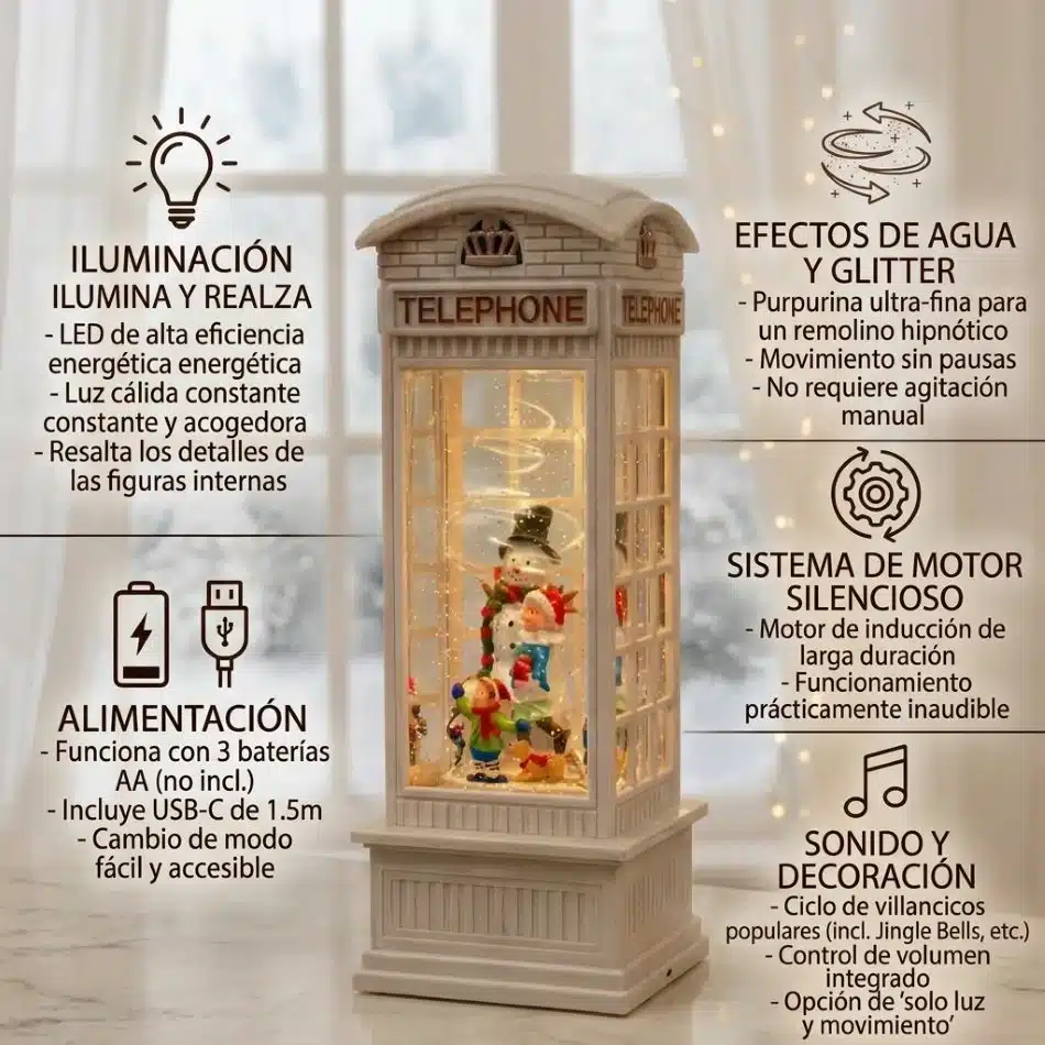 Lampara Navideña Diseño Cabina Telefónica Nieve Luz Y Sonido Blanca - Imagen 2