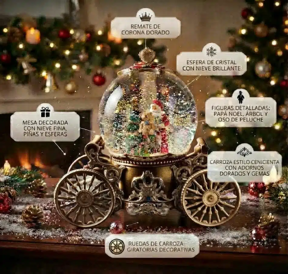 Lampara Navideña Diseño Carroza Con Papa Noel Luz y Sonido Dorada - Imagen 2