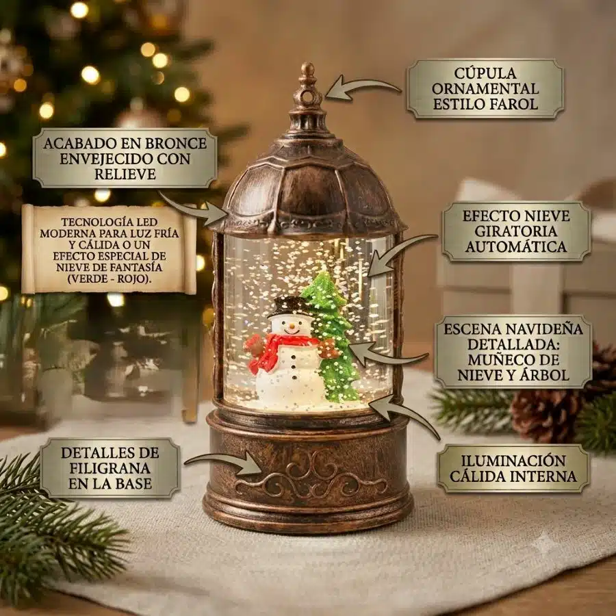 Lampara Navideña Diseño Mini Farol Globo Nieve Y Luz Dorado - Imagen 2