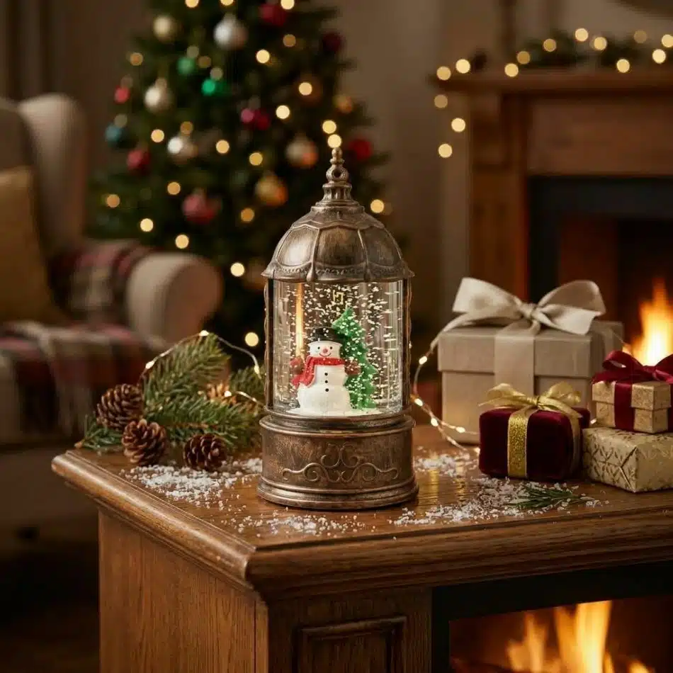 Lampara Navideña Diseño Mini Farol Globo Nieve Y Luz Dorado - Imagen 3